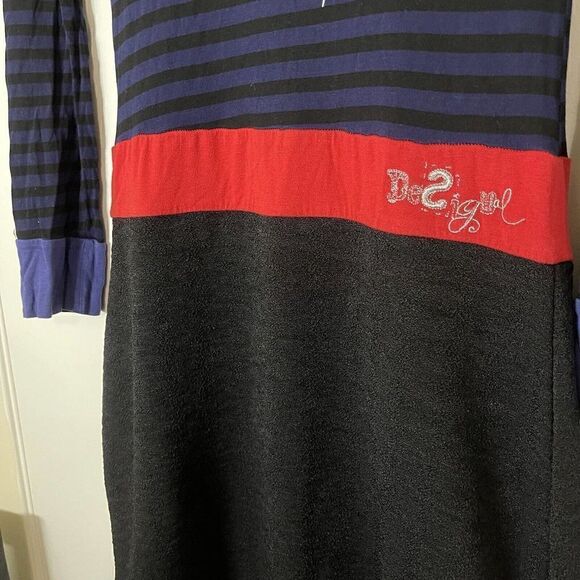 DESIGUAL blue black stripe long sleeve scoop neck dress size Small - Picture 3 of 6